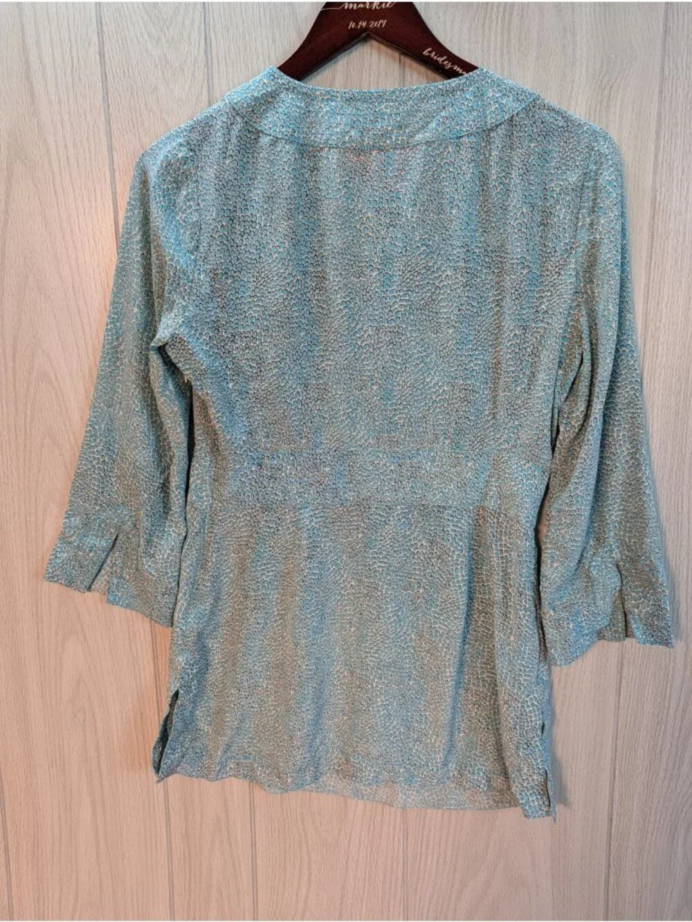 TORY BURCH Silk Tunic Top Teal Blue Abstract Animal Print Split Neck 6